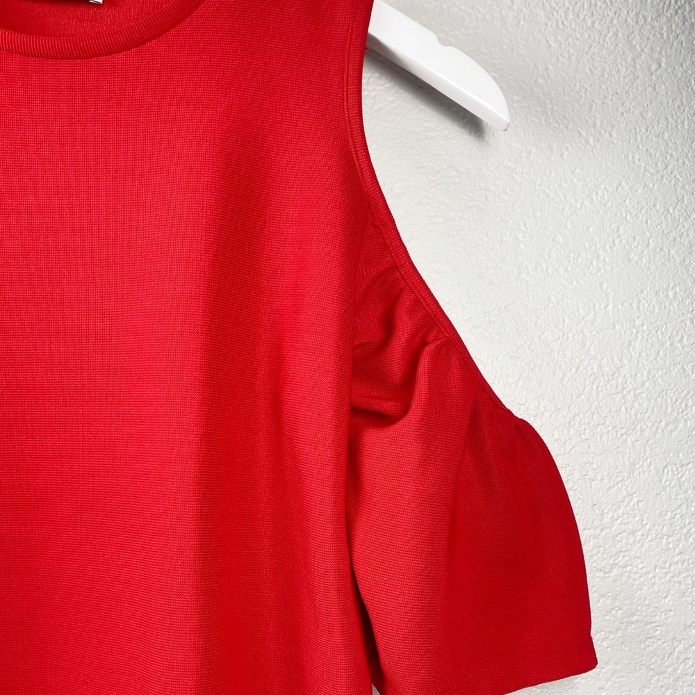Zara Ruffle Cold Shoulder Dress- Red - Picture 7 of 7